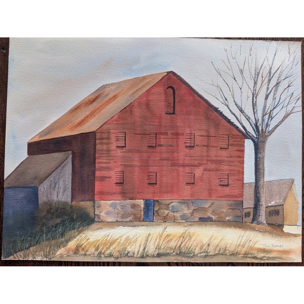 Vtg 70s Landscape Watercolor 12x16 Barn Rustic Primitive Country Signed‎ Banas